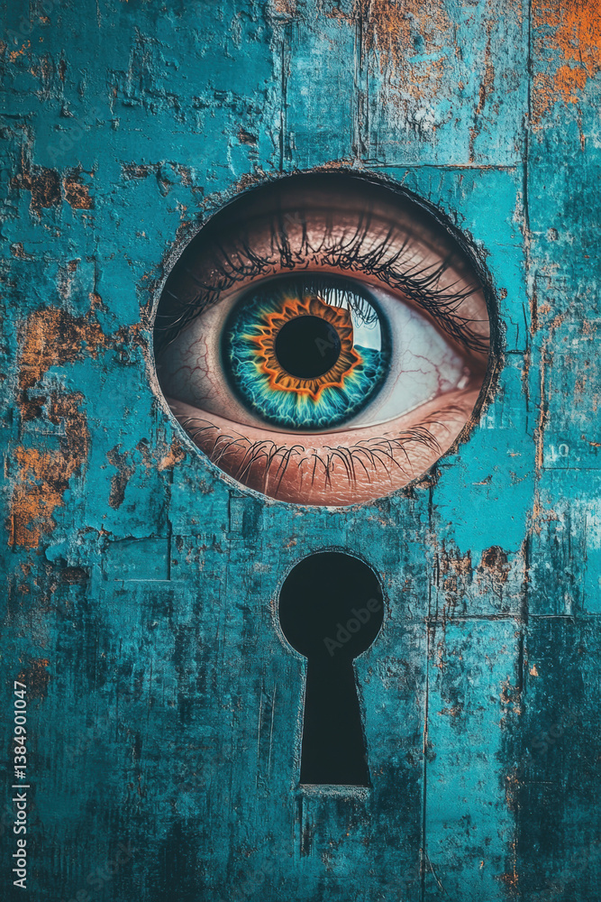 Poster fear-terror ,grunge, a distorted image of a single eye looking through a keyhole, showcasing unique 