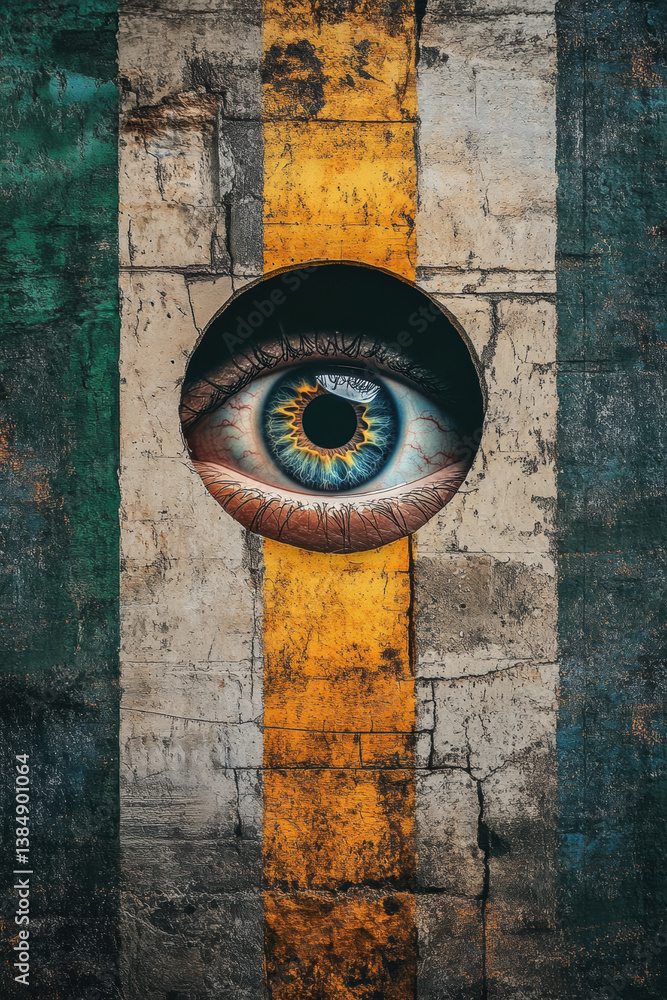 Poster fear-terror ,grunge, a distorted image of a single eye peering through a keyhole, representing curio