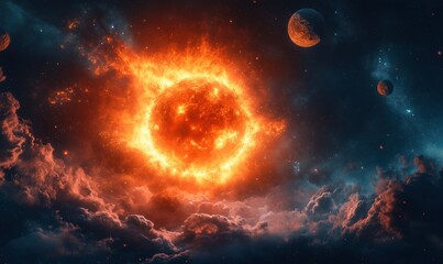 Obraz premium Stunning cosmic scene featuring a fiery sun surrounded by planets and clouds in space