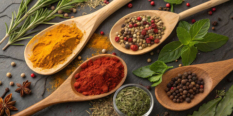 Colorful spices and herbs in wooden spoons on a dark stone surface