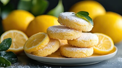 A tempting display of lemon cookies dusted with powdered sugar, surrounded by fresh lemons and green leaves, creating a delightful and refreshing dessert scene.