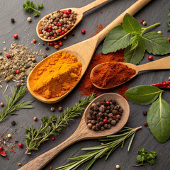 Colorful Spices and Herbs Arranged in Wooden Spoons on Dark Slate