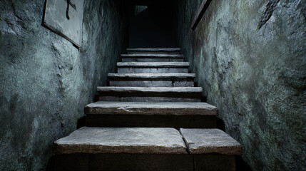 Fear-Terror ,grunge, A stairway leads into pitch darkness, evoking mystery and intrigue in a high-fidelity image.