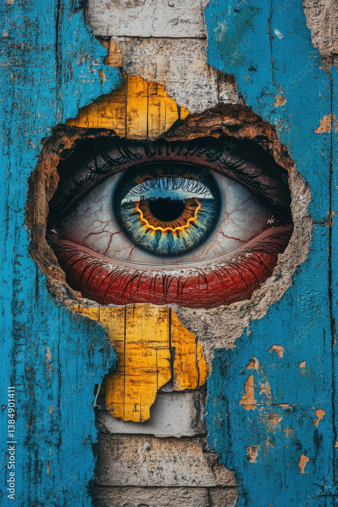 Poster fear-terror ,grunge, a distorted image of a single eye peering through a keyhole, showcasing intrigu