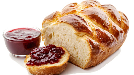 A warm loaf of brioche bread with golden-brown texture, served with jam and butter