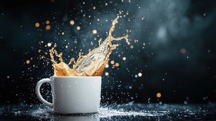 A captivating scene with a cup pouring out liquid, creating a dynamic splash, illustrating the beauty of fluid motion while surrounded by a mystical atmosphere.