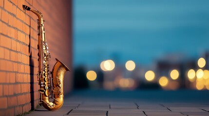 Saxophone Serenade: A gleaming saxophone leans casually against a brick wall, bathed in the soft glow of twilight, setting the stage for a night of musical improvisation and jazz melodies.