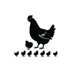 A black and white vector silhouette of a hen calling out while chicks curiously explore around her on a white background