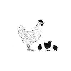 A black and white vector silhouette of a hen resting as baby chicks gather in a cozy circle on a white background.
