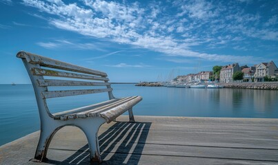 Fototapeta premium Serene waterfront view with bench overlooking calm harbor and sailboats