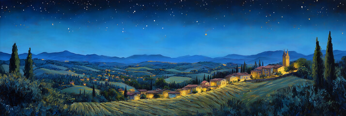 Fototapeta premium Valle iluminado al anochecer con cielo estrellado y montañas