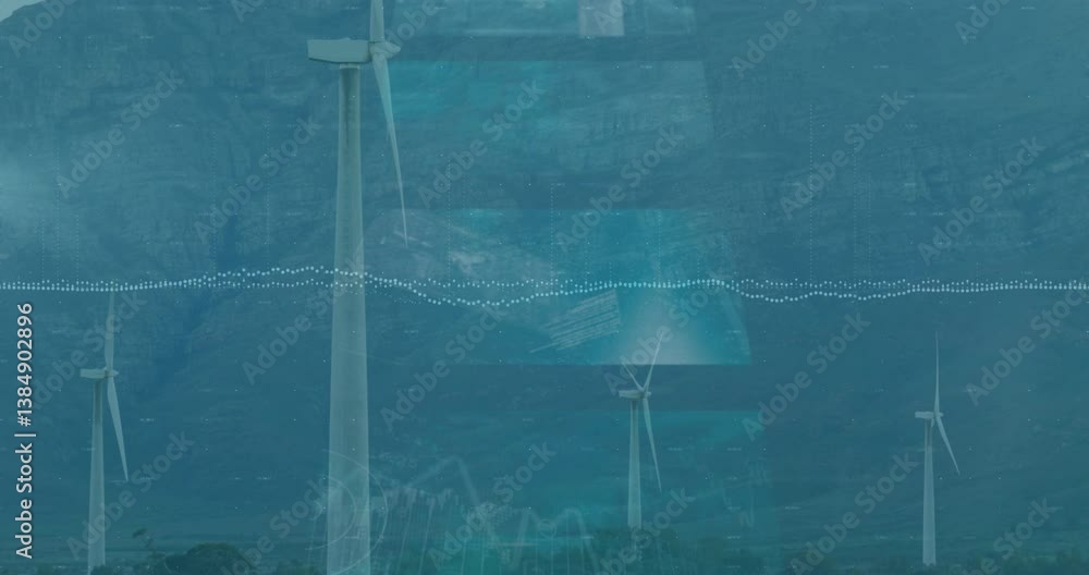 Poster wind turbines generating energy with data processing animation over landscape