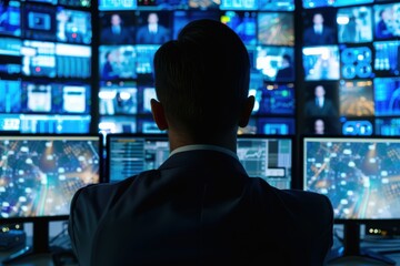 Professional analyzing data on multiple screens in a control room at night