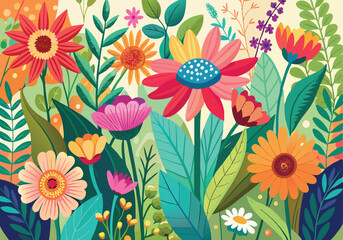 Vibrant Floral Garden Colorful Flowers, Lush Leaves, Summer Bloom