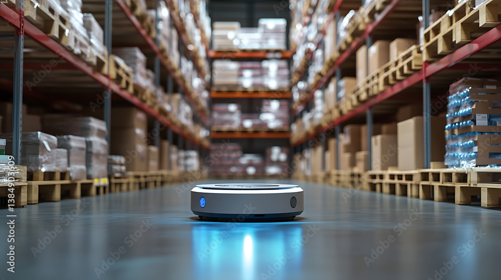 Poster an ai driven robotic assistant in a warehouse managing inventory and organizing products on shelves,