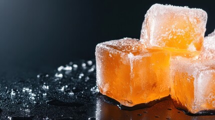 Four orange-hued ice cubes stacked on a dark background, creating a striking visual contrast and evoking a sense of chill and refreshment for creative designs.