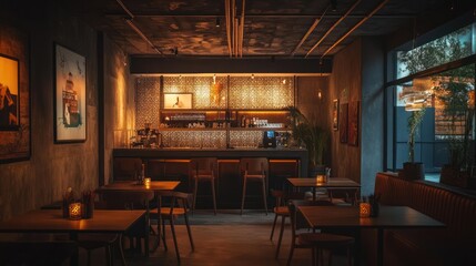 Cozy urban cafe interior, warm lighting, art on walls, potential for business use