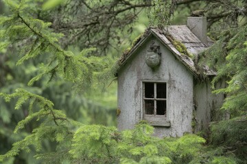 Rustic birdhouse nestled in trees