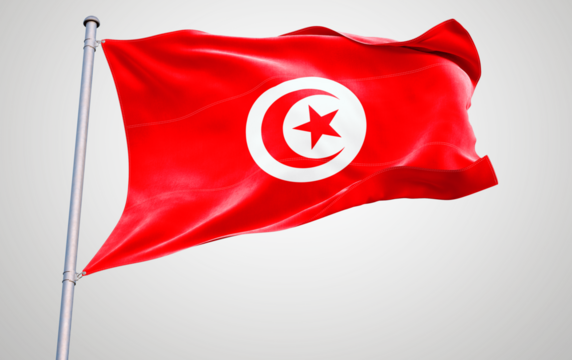 Flag of Tunisia waving in the wind with red and white colors, symbolizing patriotism and national pride, representing Tunisia and Iran, with a 3D banner illustration