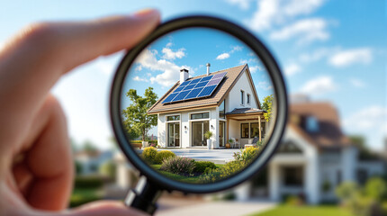 A female realtor in business clothes inspects a country house with solar panels using a magnifying glass — buying real estate and energy efficiency. Housing market, real estate agent, eco-home, sale