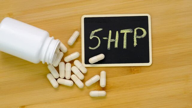 5-HTP sleep supplement capsules. Selective Focus.
