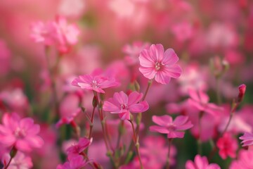 Vibrant pink flowers blooming in a garden during the warm spring afternoon sunlight