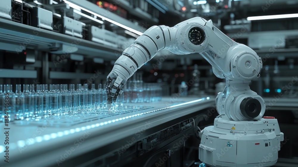 Poster automated pharmaceutical production: a robotic arm precisely handling vials in a futuristic factory 