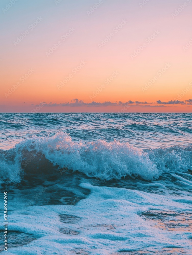 Poster soft rolling waves dance under a pastel sunrise sky creating a tranquil coastal escape for relaxing 