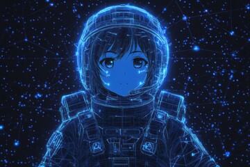 A kawaii anime girl in a glowing wireframe mech pilot suit. Bright and futuristic visual with wireframe illustration style.