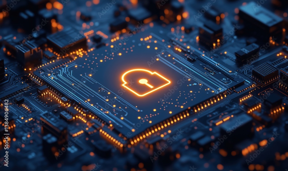 Poster digital security concept with glowing lock symbol on microchip background