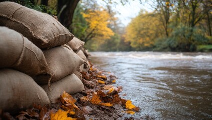 Sandbags protect riverbank during autumn flood.