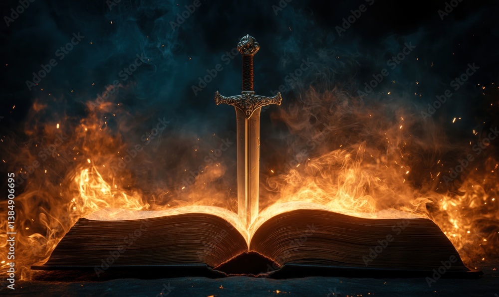 Poster sword emerging from flames in open book symbolizing knowledge and power