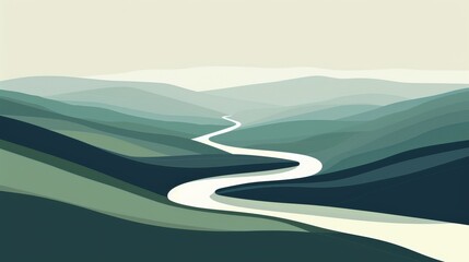 Abstract Serene River Flowing Through Green Valleys