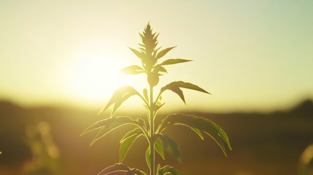 Silhouetted plant against a radiant sunset, conveying growth and serenity