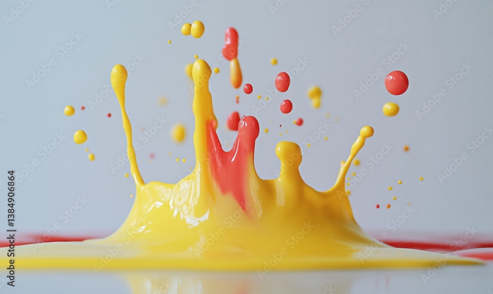 Poster colorful paint splash with vibrant yellow and red droplets creating dynamic visual effect