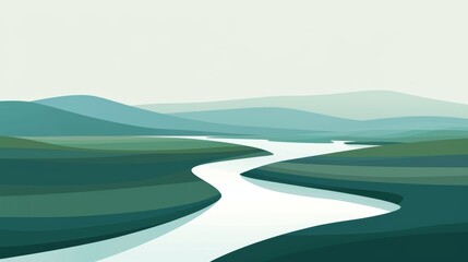 Calm Serene Landscape with Flowing River and Rolling Hills in Pastel Shades