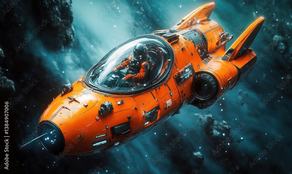 Poster futuristic orange spaceship exploring deep space with astronaut pilot
