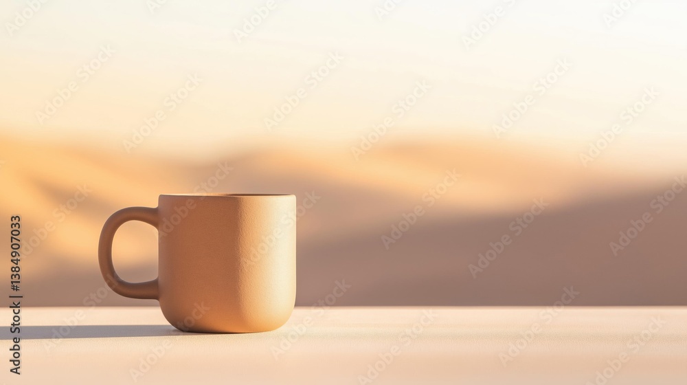 Poster close-up of a beige-colored mug on a white surface. the mug has a handle on the right side and appea