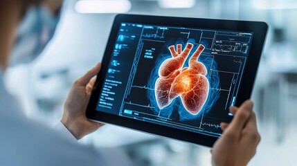 Doctor reviewing heart scan on tablet, lab background, medical research