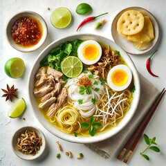Traditional Indonesian Chicken Soto with Rice Noodles, Boiled Egg, Bean Sprouts, Lime, and Spices – Authentic Soto Ayam Flatlay on White Background – Delicious Southeast Asian Soup Top View