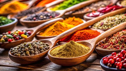 Fototapeta premium Colorful Spices on Rotating Wooden Spoon Stand - Closeup Stock Photo