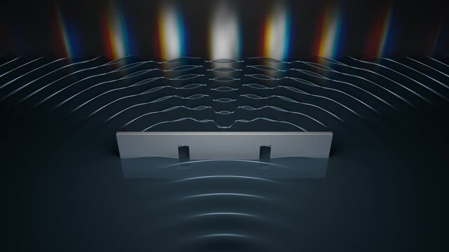 Double slit experiment in quantum physics producing interference pattern. Wave-particle duality concept.