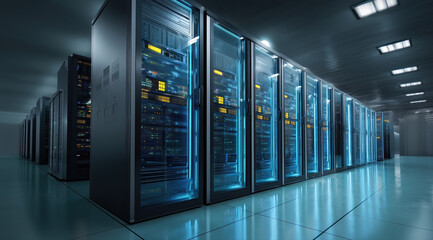 Server room data center hosting modern equipment blinking lights working and processing information