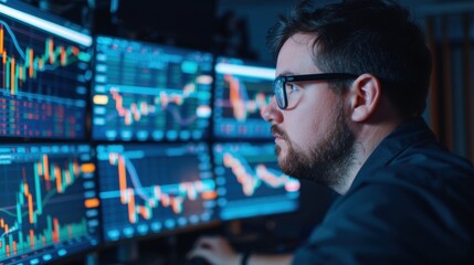 A focused individual analyzes stock market data on multiple screens, highlighting trading trends and financial analytics.