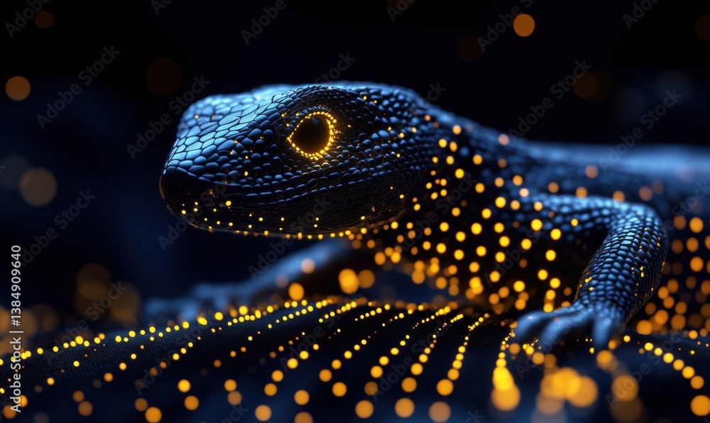 Poster luminous lizard with glowing patterns in dark environment showcasing vibrant details