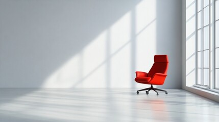 Minimalist interior design, a striking red chair in pristine white room 