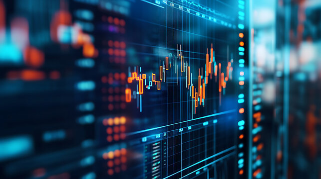An AI driven stock market prediction tool analyzing real time financial data to predict market trends, Finance technology style, photo of