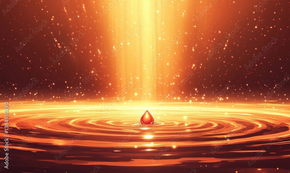 Poster Radiant drop creating ripples in golden light with sparkling background