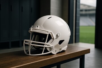 White American Football Helmet on Wooden Table Indoors