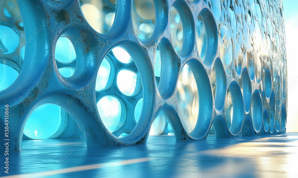 Poster abstract blue architectural structure with circular openings and light reflections